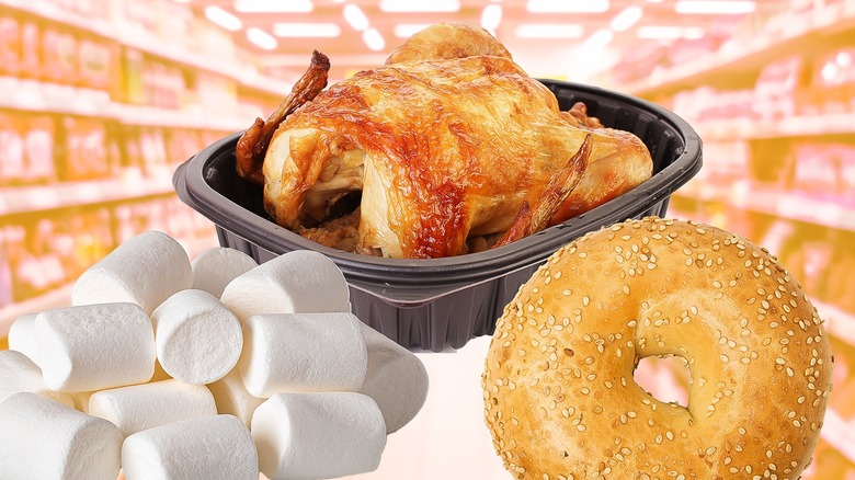 Chicken, marshmallows, bagel in store