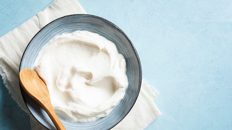 Yogurt in blue bowl