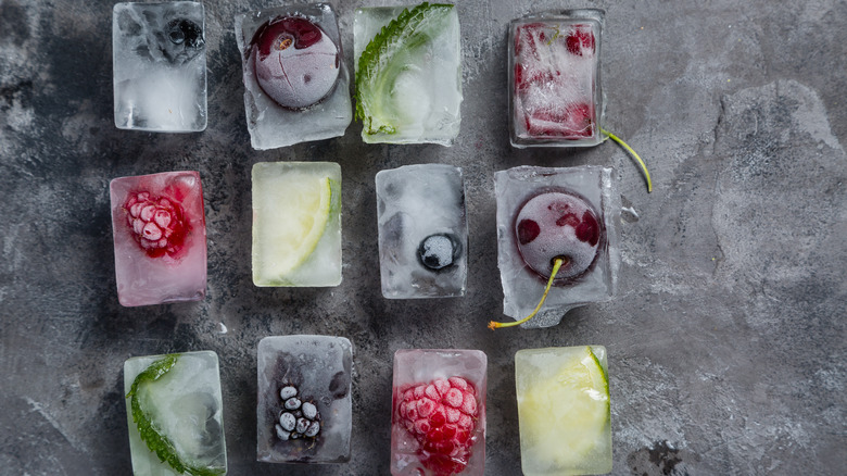 Fruit frozen inside iced cubes