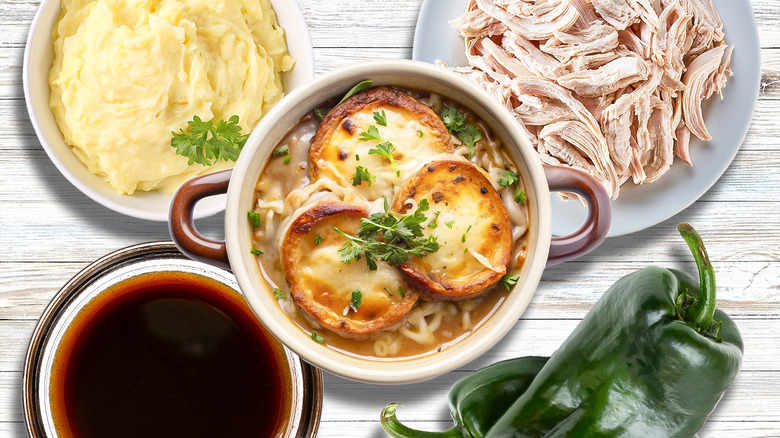 French onion soup surrounded by mix-ins