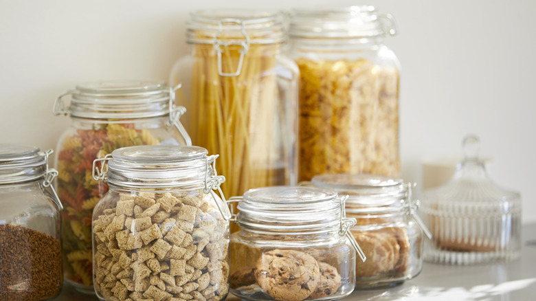 Glass storage jars with food