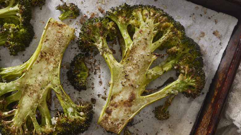 roasted broccoli steaks on pan 