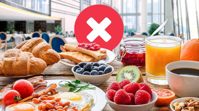 Collage of hotel breakfast buffet foods, with a red "X" to signify mistakes to avoid