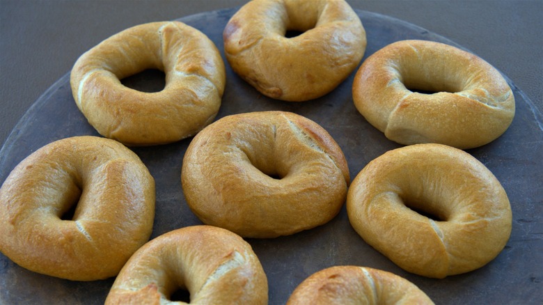 Sourdough bagels on pizza stone