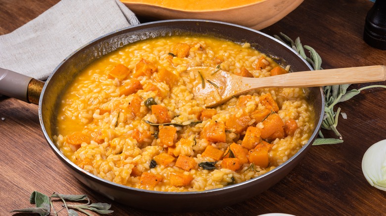 Pumpkin risotto in a pan