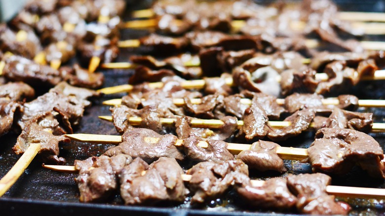 Beef hearts on skewer