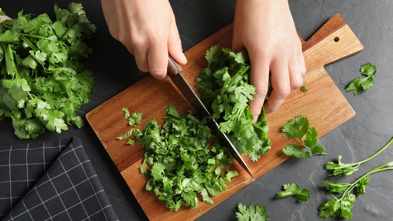 chopped cilantro on cutting board 