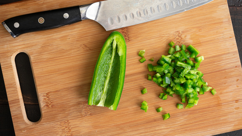 chopped jalapeño on cutting board