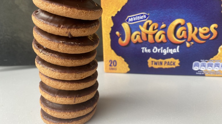 Jaffa cakes stacked blue orange