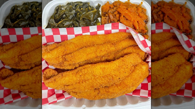 fried fish and collared greens