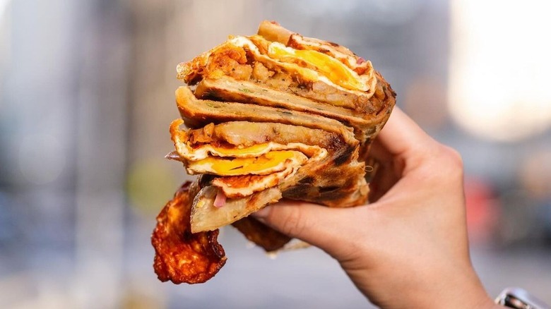 Scallion pancake burrito, egg, bacon