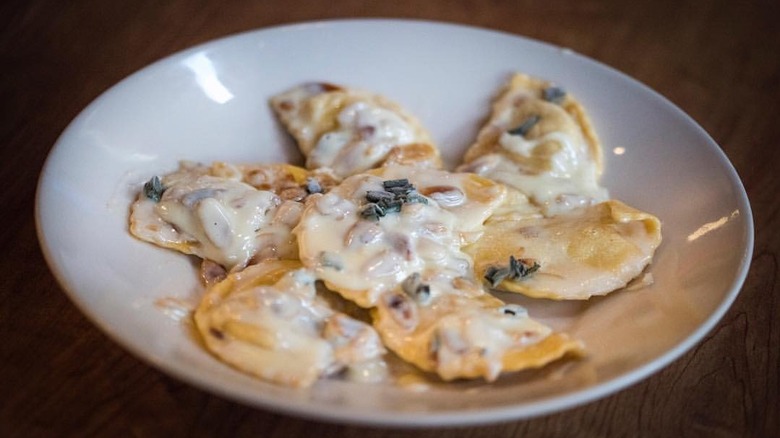 Butternut squash ravioli, white sauce