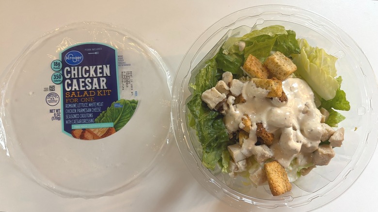 Kroger Chicken Caesar Salad Kit for One bowl on white table