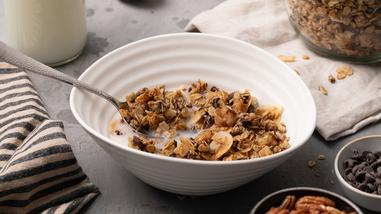 Granola and milk in bowl