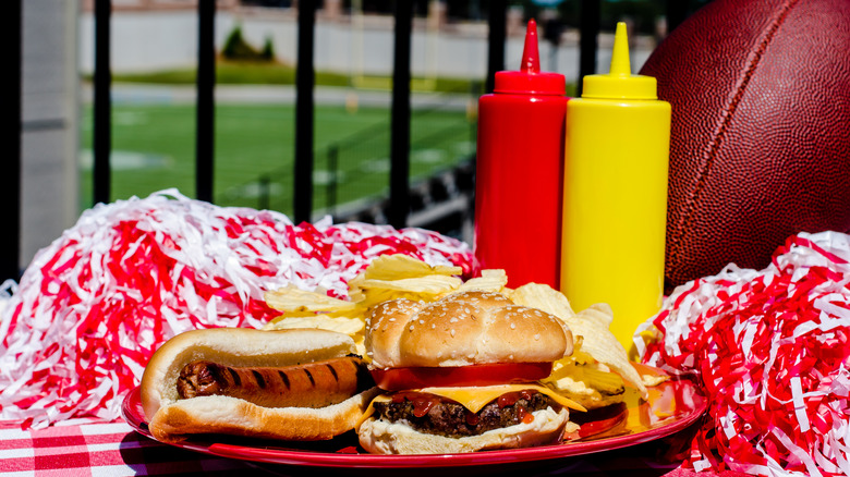 Barbecue condiments with football theme