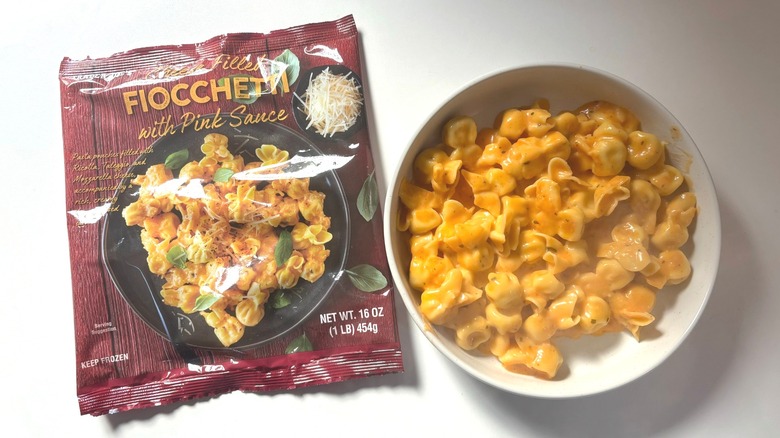 Portion of Trader Joe's fiocchetti with pink sauce