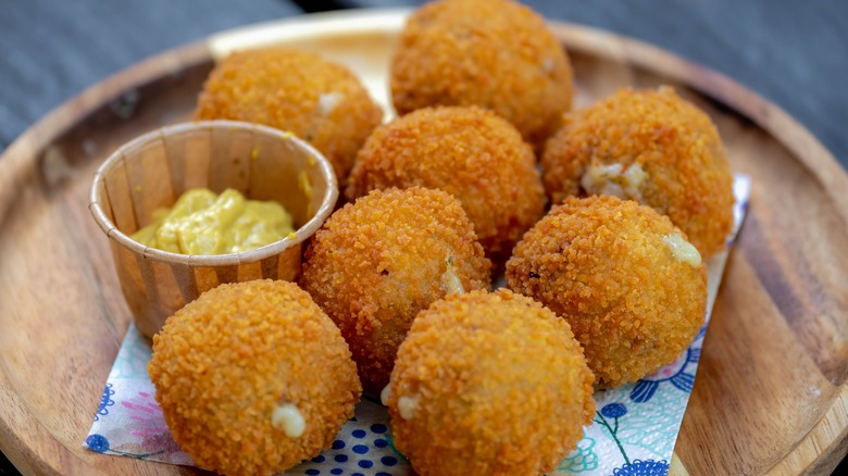 Meatballs on wood platter