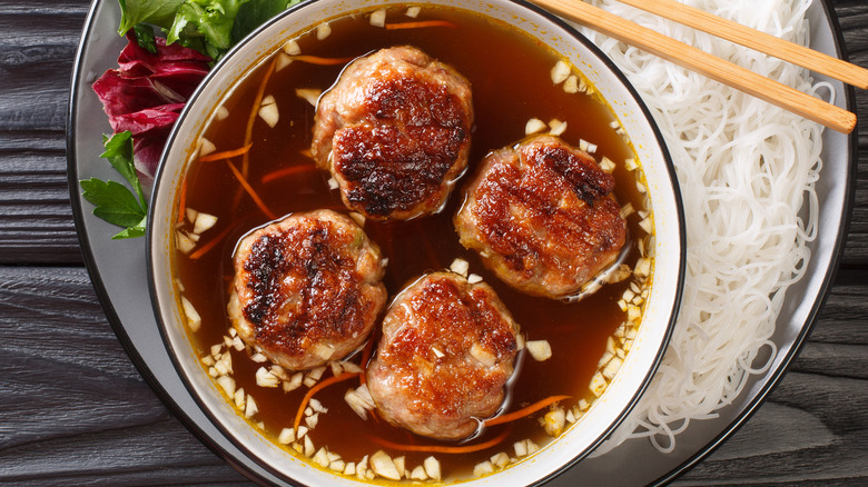 Bún chả meatballs in broth