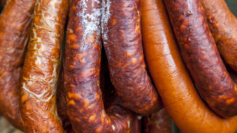 Close up of chorizo sausages