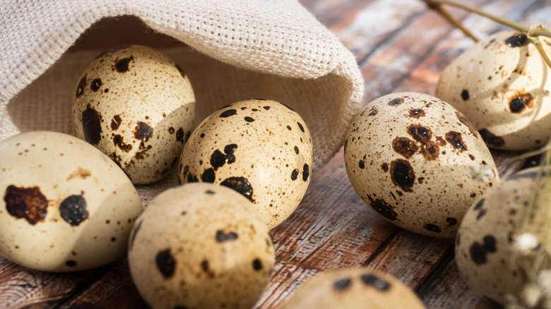 Quail eggs on wooden table