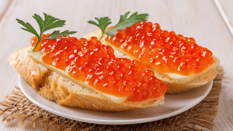 Red fish eggs on bread 