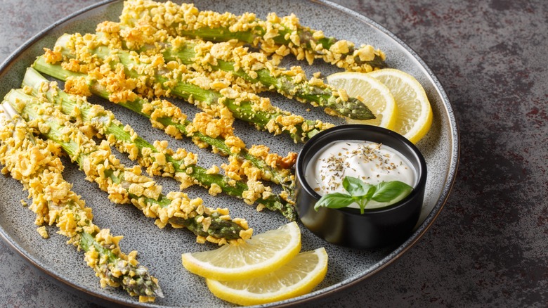 breaded asparagus fries on plate 