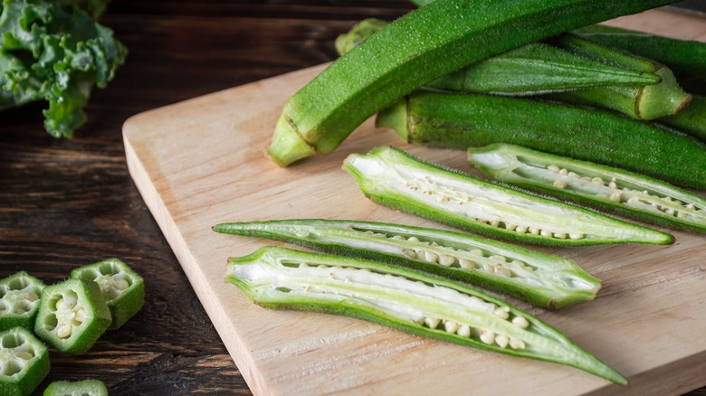 sliced okra on cutting board 