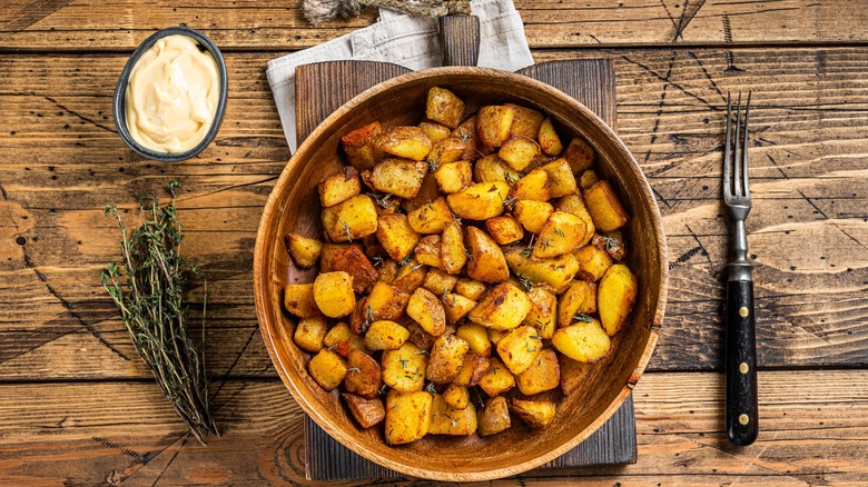 Roasted cubed potatoes in bowl