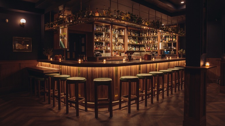 Stools and wooden bar