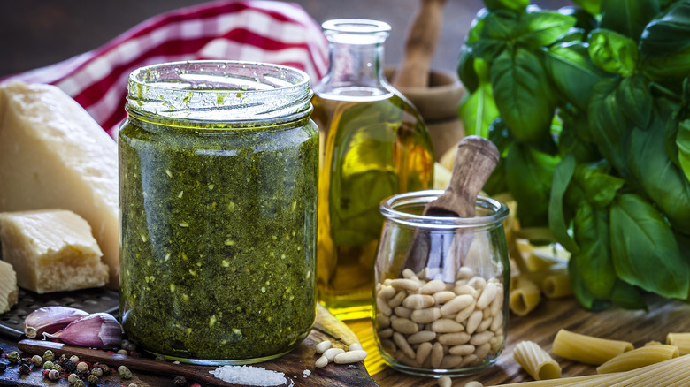 Pesto sauce with ingredients