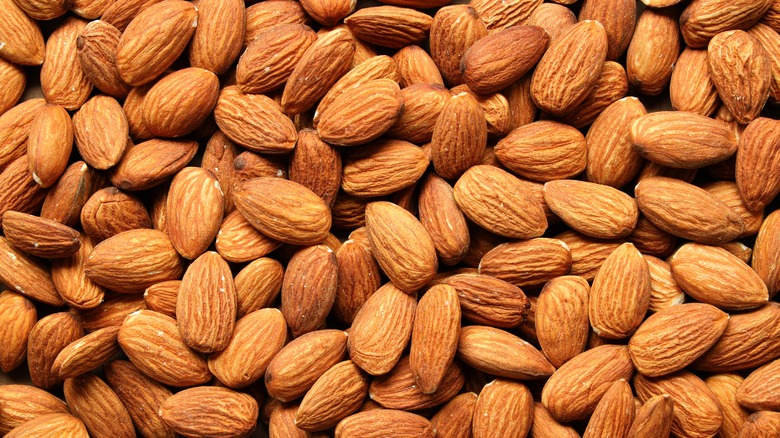 Close-up of a pile of plain, unsalted almonds with skin on