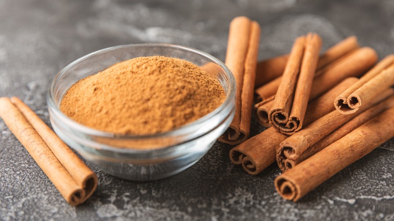 Finely ground cinnamon in a bowl on a gray background, surrounded by several cinnamon sticks