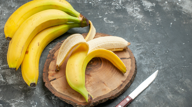 Partially peeled banana on a wooden board with a gray background and a bunch of ripe, yellow bananas on the side