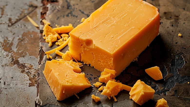 A block of vibrant yellow cheddar cheese on a dark brown background, surrounded by chunks of cheese