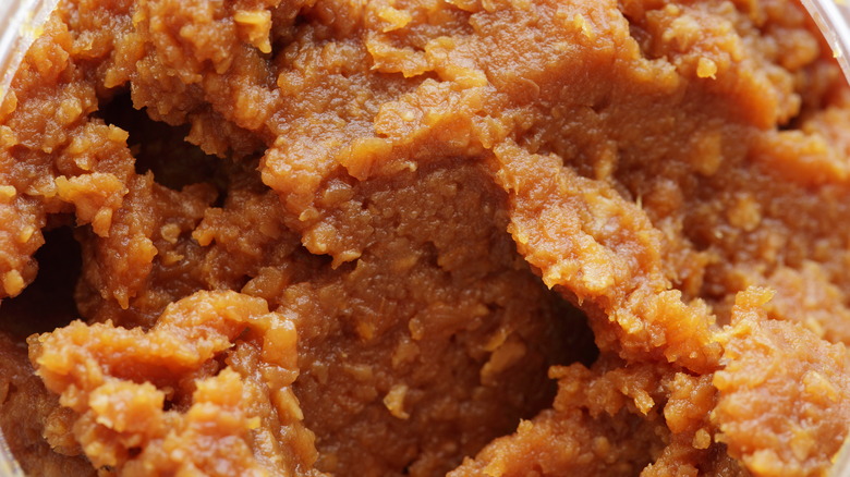 Close up of a thick and chunky red miso paste