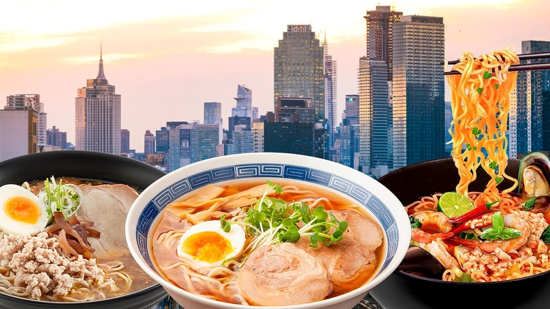 Queens skyline and noodle dishes