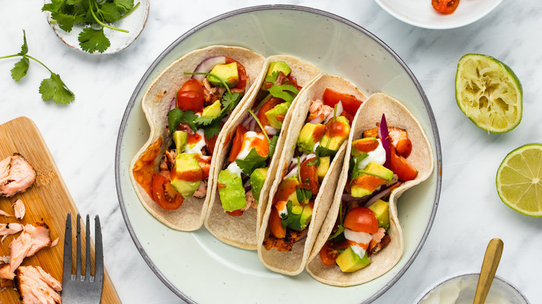 Salmon and avocado tacos