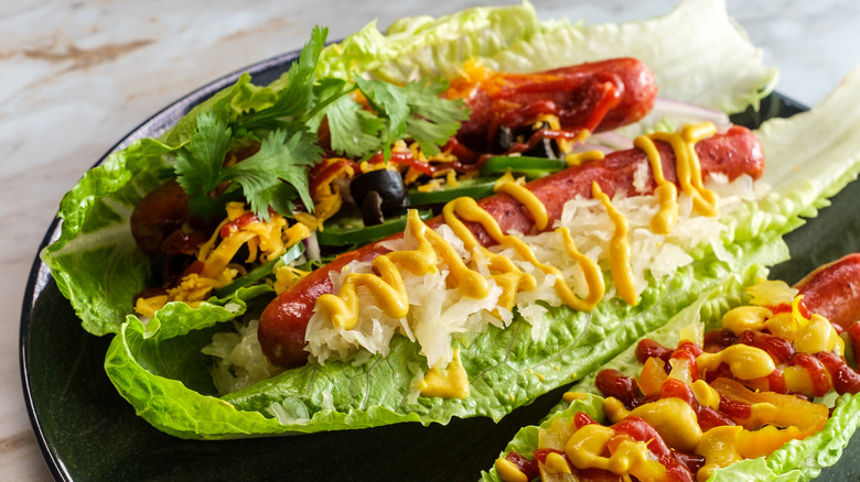 Hot dog in lettuce wrap