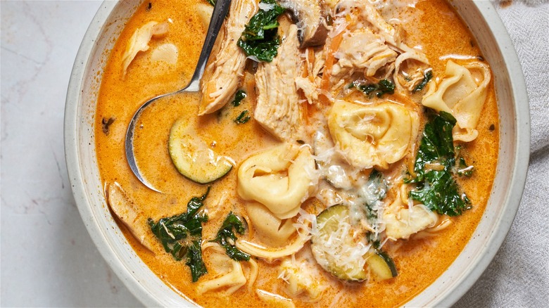 chicken and tortellini soup portion