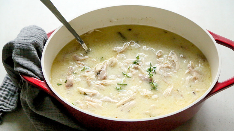 Greek avgolemono soup in pot