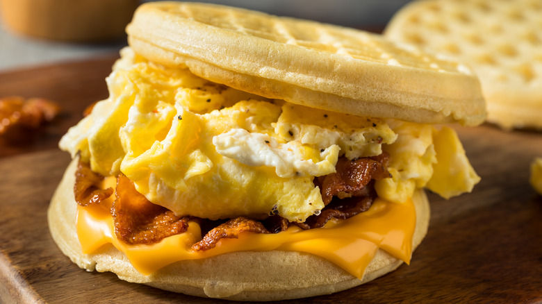 Waffle breakfast sandwiches with eggs and cheese