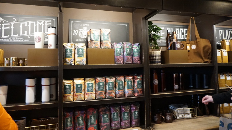 Merchandise shelves at original Starbucks