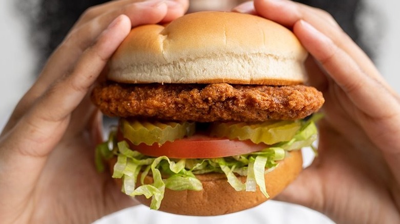 Hands holding chicken sandwich