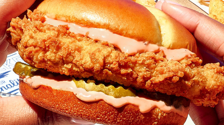 close up of chicken sandwich