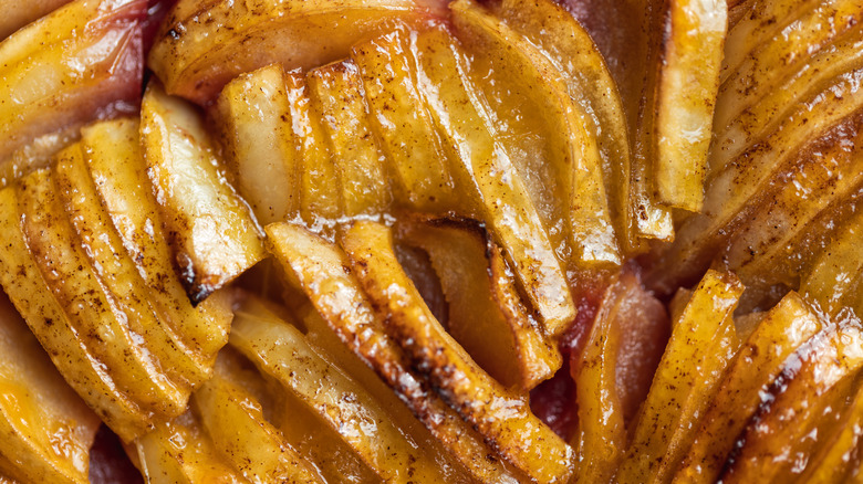 close up of baked sliced apples