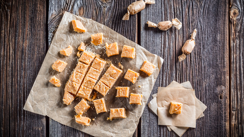 toffee squares on parchment