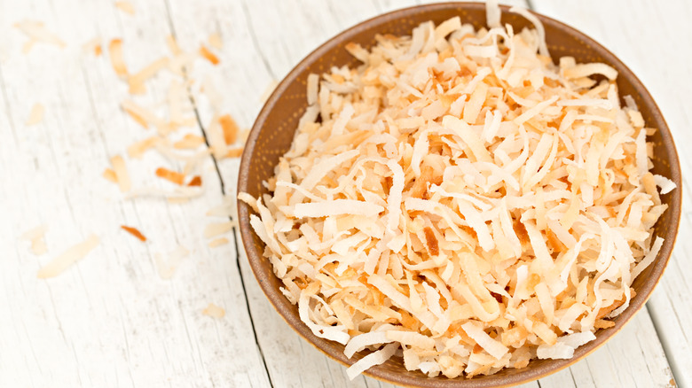 bowl of toasted shredded coconut