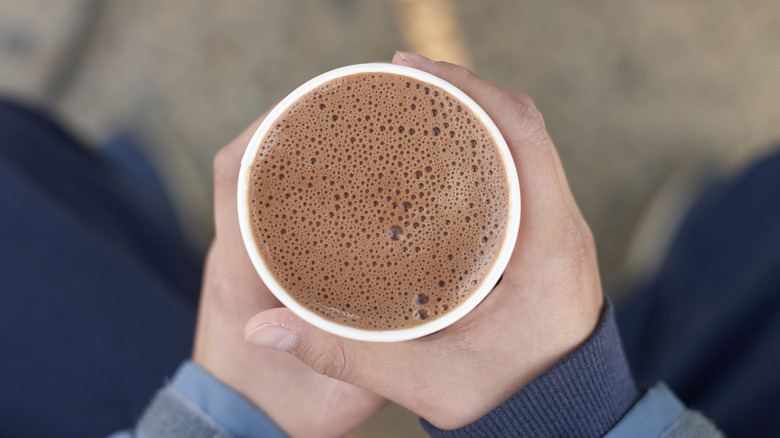 A hand holding a cup of hot cocoa