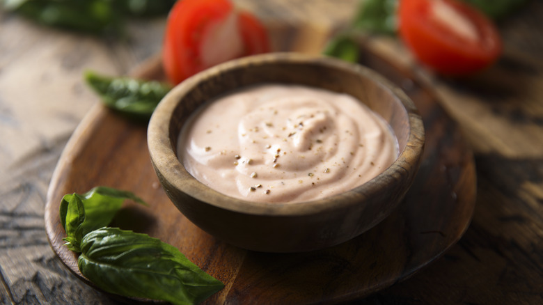 Wooden bowl with spicy aioli