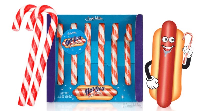 Hot dog candy canes in package